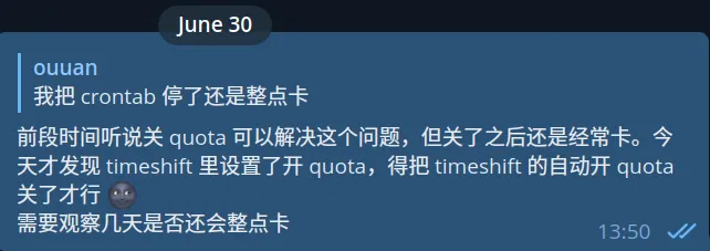 消息记录,发于 6 月 30 日: 前段时间听说关 quota 可以解决这个问题,但关了之后还是经常卡。今天才发现 timeshift 里设置了开 quota,得把 timeshift 的自动开 quota 关了才行 🌚 需要观察几天是否还会整点卡